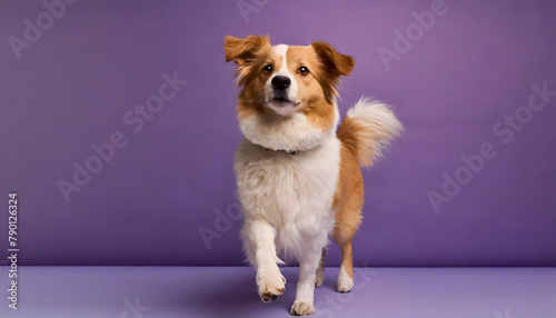 Mixed-breed dog in front of purple background. Pet wallpaper.