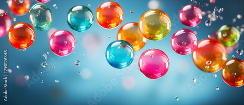 Colorful Bubbles with Water Droplets on Blue Background
