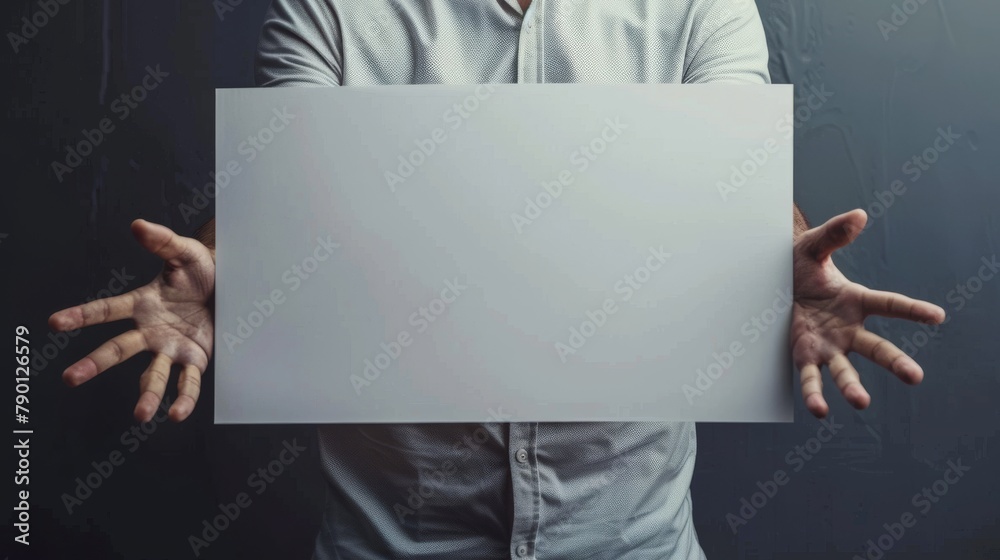 Hands of man holding white blank board in close-up Hands of man holding white blank board in close-up