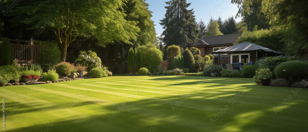 Tranquil Garden Oasis with Spacious Lawn and Elegant House Tranquil Garden Oasis with Spacious Lawn and Elegant House