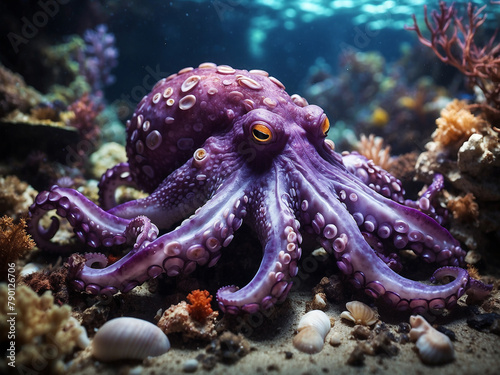 A large purple octopus slowly moves along the seabed  surrounded by seaweed  corals  shells  and the beautiful underwater world