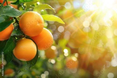 Ripe oranges hanging from branches of orange trees.