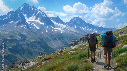 Two hikers with backpacks trekking through a mountain pass with towering peaks under a bright sun