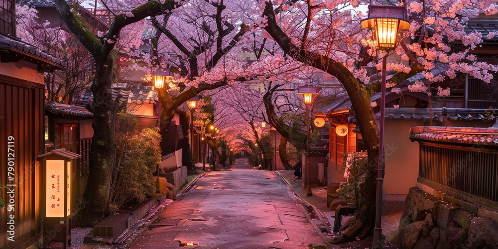 Obraz premium Sidewalk in Japan with sakura trees