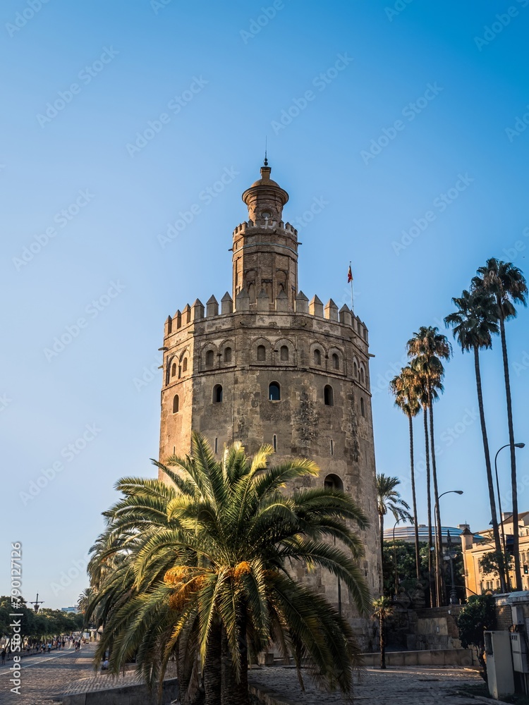 The Torre del Oro tower bastion in Seville, Andalusia, Spain, next to the Guadalquivir river