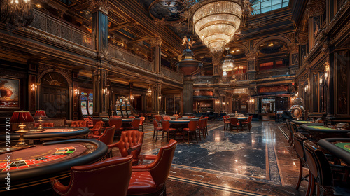 Luxurious casino interior with sparkling chandeliers, soft velvet chairs and roulette tables, luxury and excitement