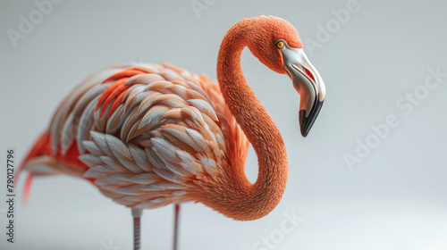 A flamingo is holding a fish in its beak