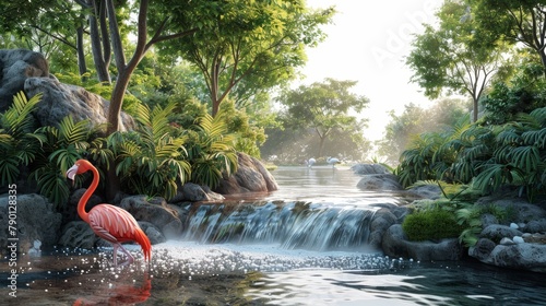 A pink flamingo is standing in a stream of water