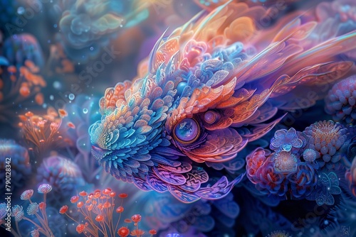 Dreamy wallpaper featuring mythical creatures in a kaleidoscope of colors, floating islands  ,close-up,ultra HD,digital photography photo
