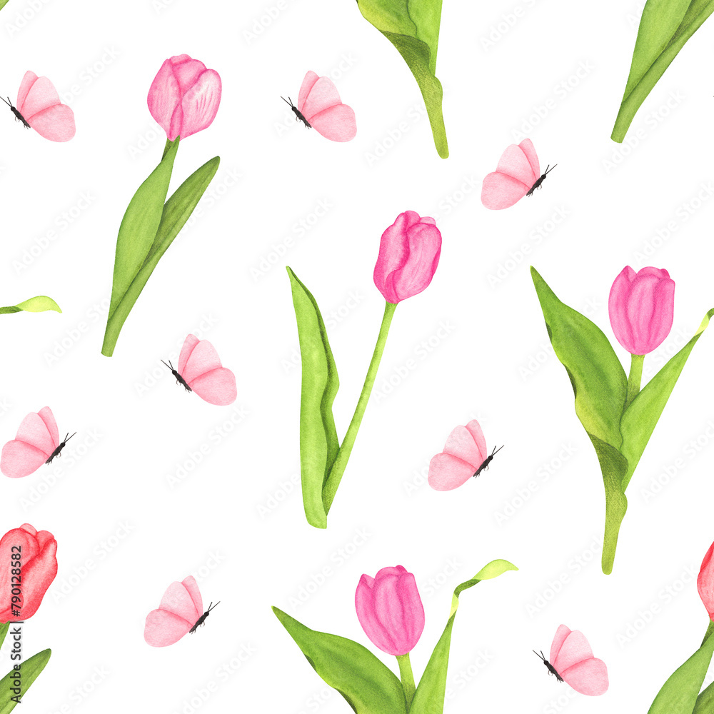 Watercolor seamless pattern with pink tulips and butterfly. Hand painted pink tulip flowers and cute butterfly. Illustration for design, wrapping paper, textile, birthday backgrounds, fabric
