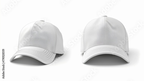 Front and side views of a white baseball cap isolated on a white background.