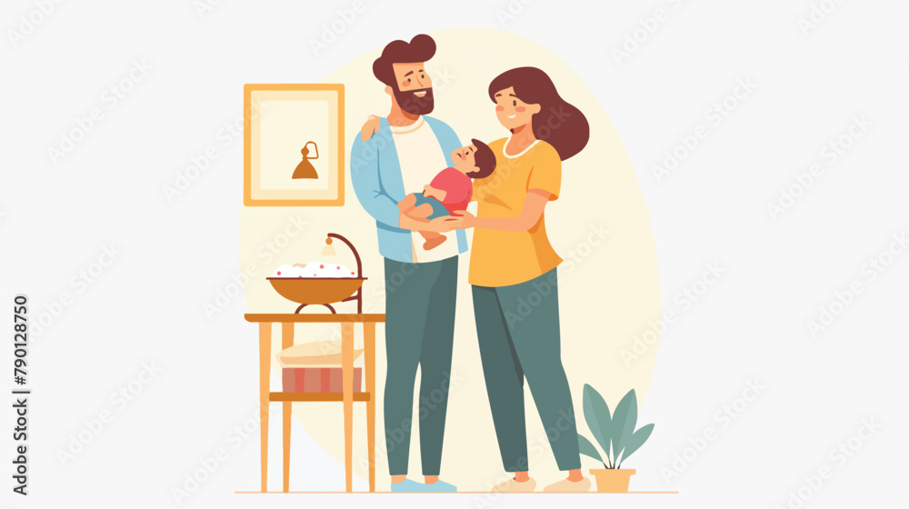 Family with newborn in maternity ward flat vector illustration
