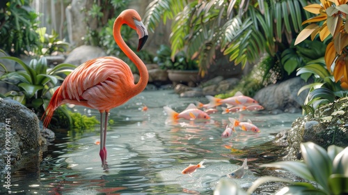 A flamingo is standing in a pond with a group of fish
