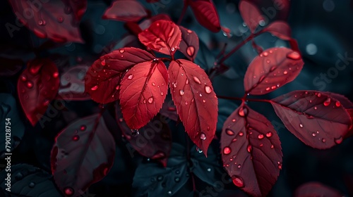 natural elegant red leaves with raindrops. dark mood theme. generative AI