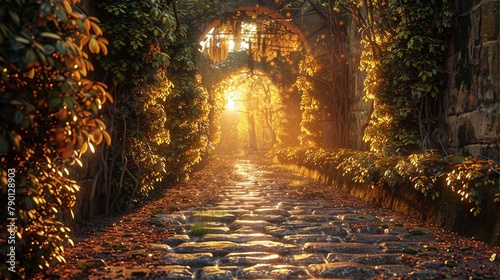 Digital setting of a secret garden with walls of ivy and hidden gemstones  FLOORING ancient cobblestone  TIME early evening  LIGHTING golden sunset rays   close-up ultra HD digital photograph