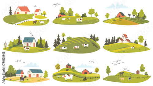 Farmland landscapes set. Farms backgrounds with cows