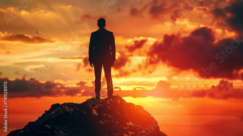 Silhouette of businessman on mountain with sunset sky background. Business success and leadership concept.