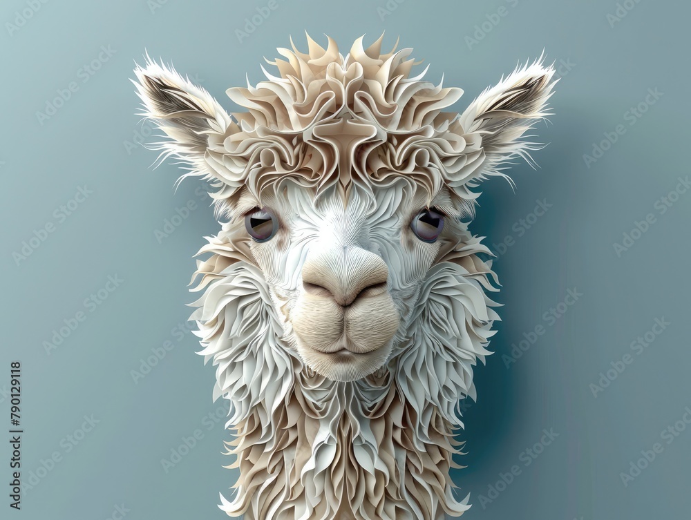 Fototapeta premium 3D layered paper art style illustration of an alpaca head in frontal view with a smile