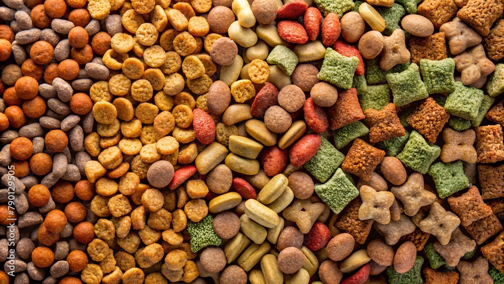 background for a pet store. Assortment of dry pet food. A daily diet of varying shapes and textures. background for a pet store. Assortment of dry pet food. A daily diet of varying shapes and textures.