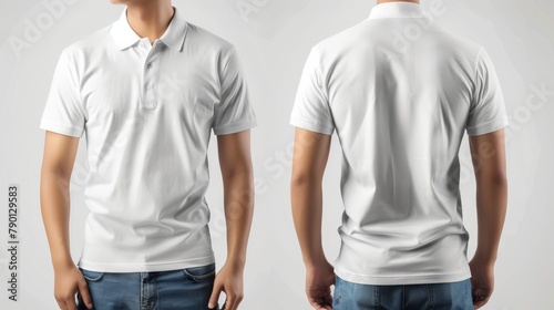 An isolated white polo t-shirt mock-up featuring a male model wearing a plain white shirt. Polo shirt design template. Blank tees for printing.