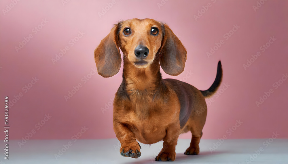 Dachshund in front of pink background. Studio dog wallpaper.