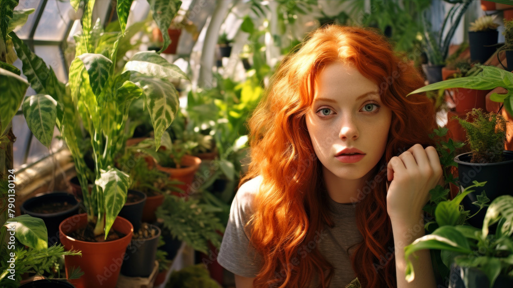 Beautiful red-haired girl with freckles and freckles looking at the camera in a greenhouse Beautiful red-haired girl with freckles and freckles looking at the camera in a greenhouse