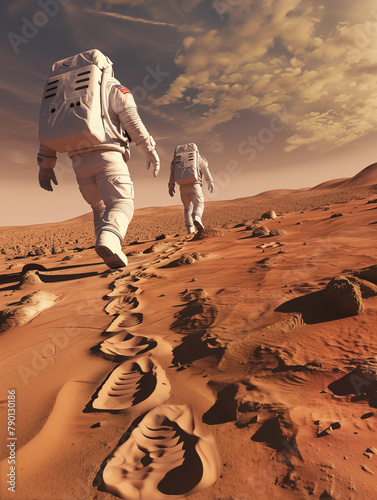 Empreinte de pas d'astronautes dans le sol sablonneux de Mars. photo