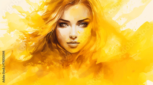 Beautiful woman face with yellow watercolor splashes. Digital art painting