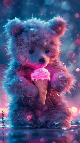 funny cute bear with ice cream in neon lights © Katrin_Primak