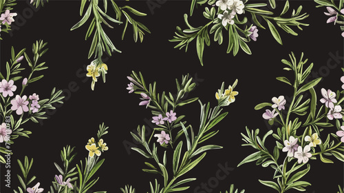 Floral seamless pattern with blooming rosemary on bla