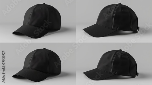 Here's a mockup of a black baseball cap seen from four different angles. photo