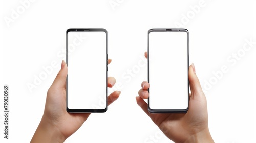 Angular and vertical position of woman's hand holding black smartphone with blank screen - isolated on white