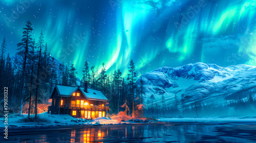 Northern Lights Over Snowy Winter Cabin.