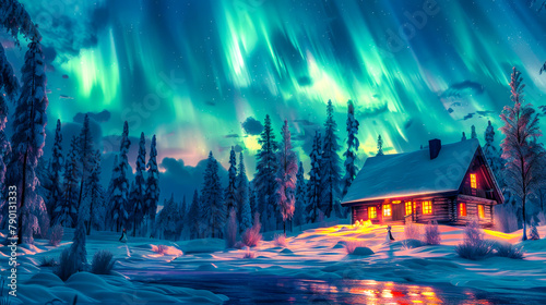 Northern Lights Over Snowy Winter Cabin.