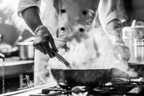 Chef preparing food in the kitchen, chef cooking. Black and White