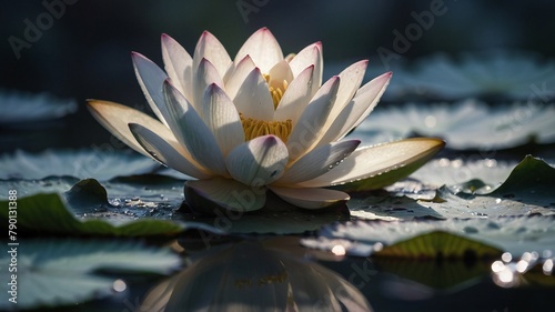 A Fresh and white Beautiful Lotus Flower is Blooming and glowing in the morning in a pond.