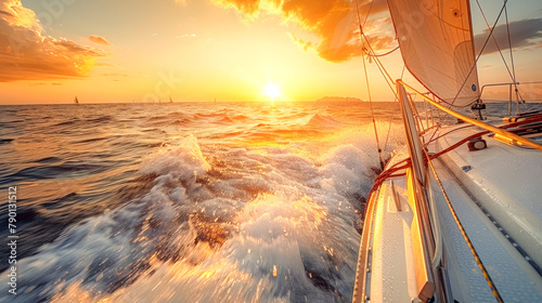 Sailing Yacht on a Golden Sunset Sea.