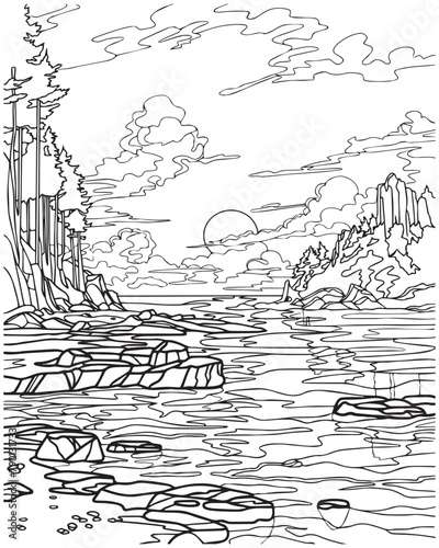 Landscape with river. Coloring book