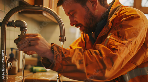 Technician plumber using a wrench to repair a water pipe under the sink. Concept of maintenance, fix water plumbing leaks, replace the kitchen sink drain, clean clogged pipes that are dirty photo
