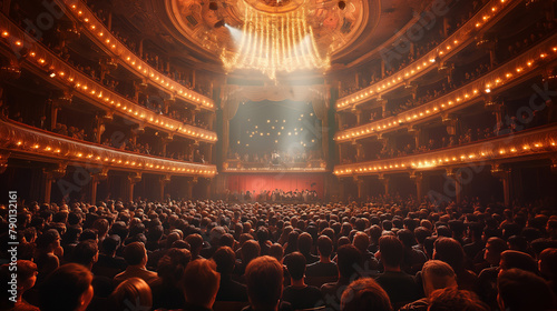 large concert hall from human eye perspective, many people looking at the stage and dancing