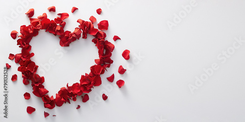 Red flower petals arranged in shape of heart over white table. Empty copy space inside and on side near. Generative AI