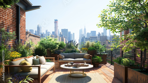 A rooftop garden on the roof of an apartment building in NYC, featuring comfortable seating areas with wooden benches and planters