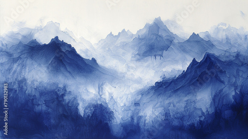 A canvas where indigo smoke forms the silhouette of a majestic mountain range, echoing the power of nature.