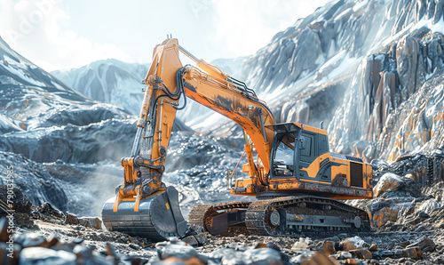 Close-up of a construction excavator working in a quarry.