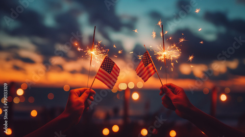 Usa Celebration - Hands Holding Sparklers And American Flag At Sunset With Fireworks