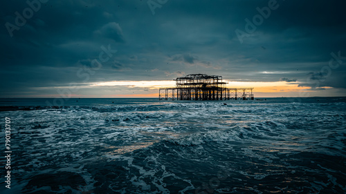 Aerial view of an old abandon pier in Brighton, East Sussex, UK