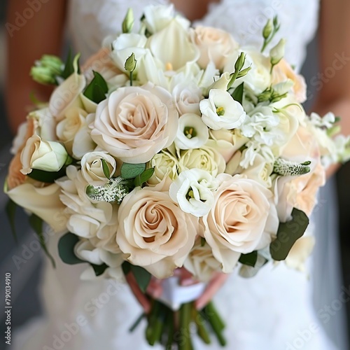 A bouquet of cream and white flowers  including roses  calla lilies  and freesia