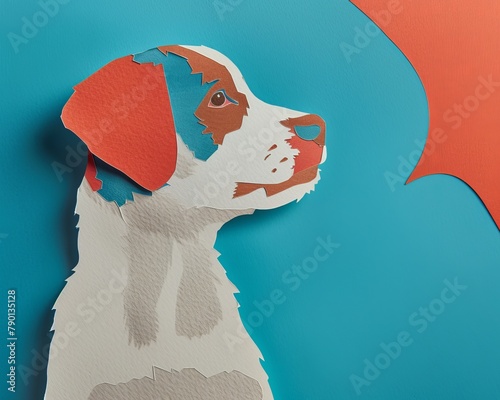 A cut out college art of a slacker puppy in front of a minimalist abstract background with blue, apricot, and red colors. Rule of third composition photo