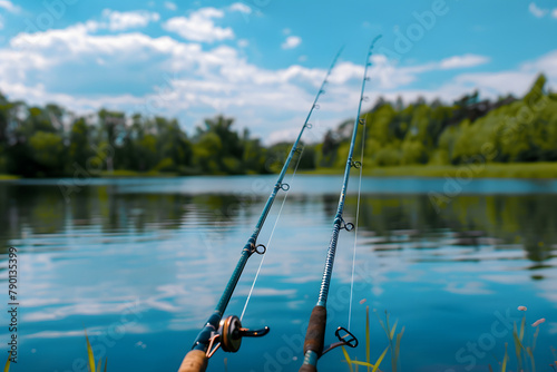 A pair of adult and child's fishing rods by a lake, isolated on a fatherhood bonding sky blue background, for World Father's Day