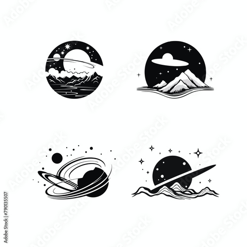 Set of space emblems, outer space logos, planet logos, flying rockets, technology, science on black and white white background.